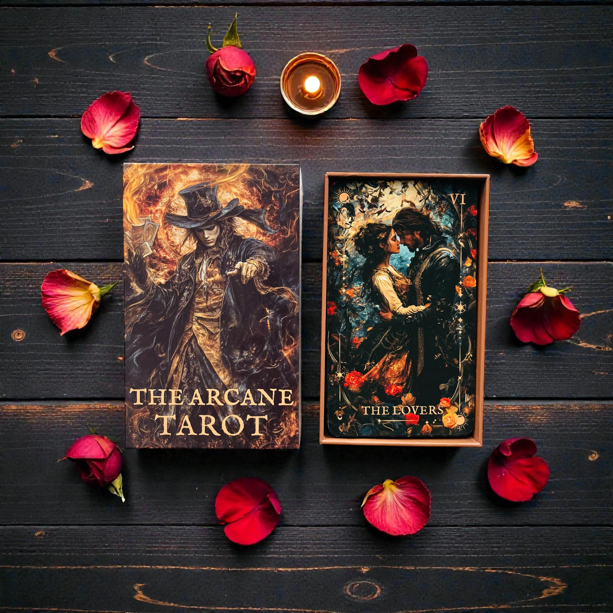 Two tarot cards from 'The Arcane Tarot' on a wooden surface with red rose petals and a candle.