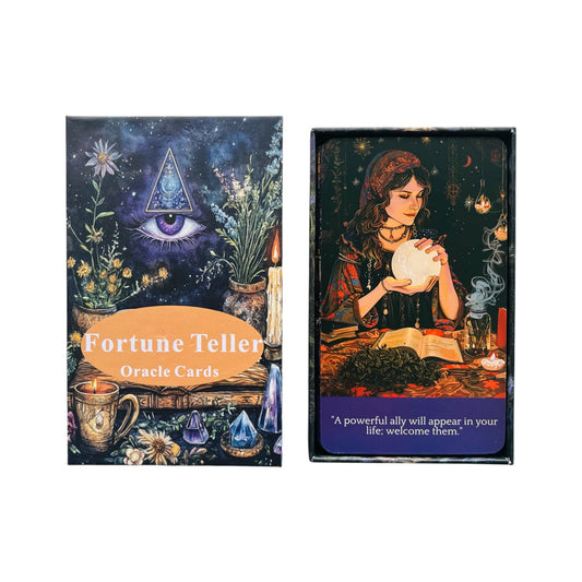 Fortune Teller Oracle Cards packaging with a card featuring a woman with a crystal ball.