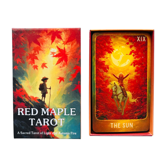 Red Maple Tarot card set with 'The Sun' card displayed, featuring a colorful design and text.