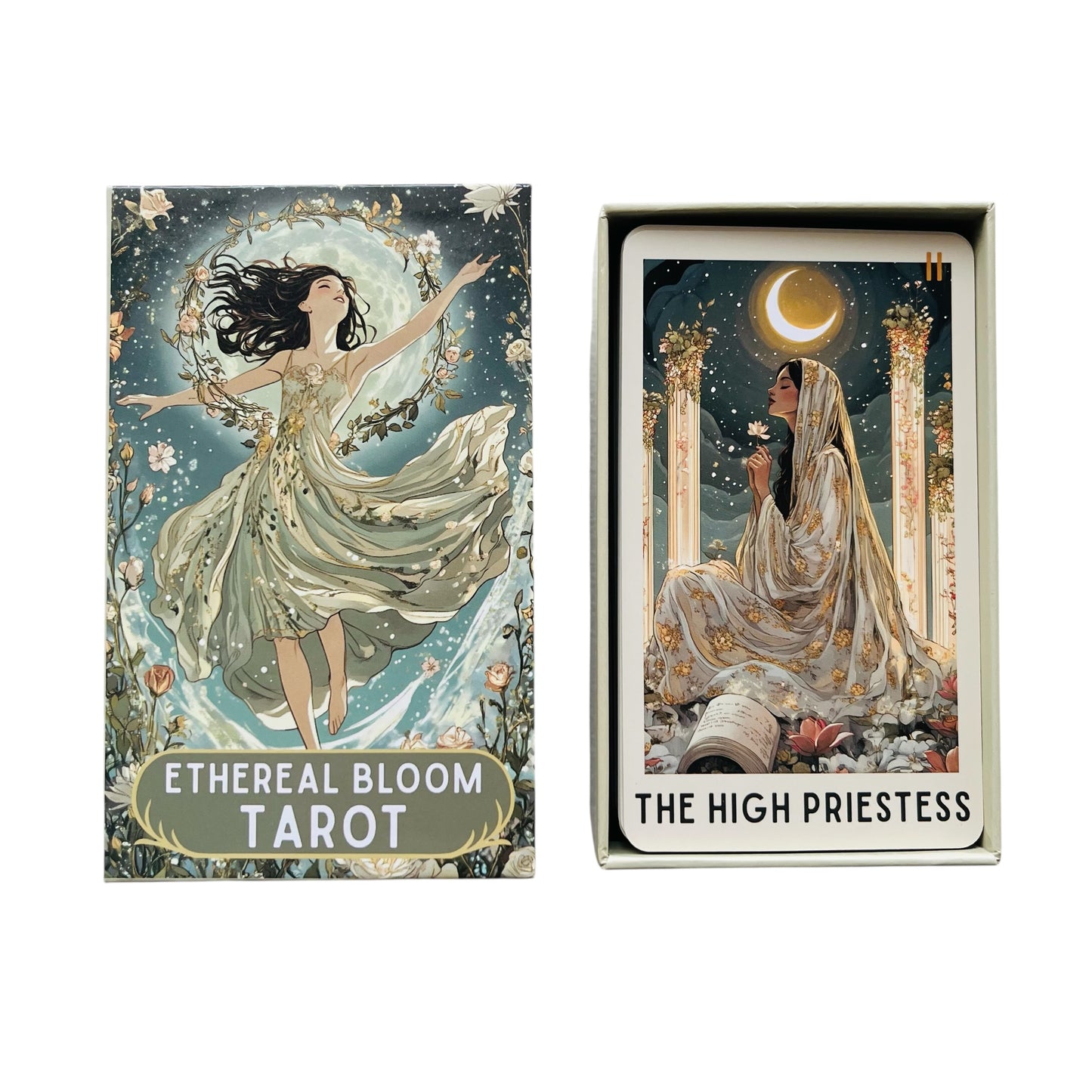 Ethereal Bloom Tarot card set with 'The High Priestess' card displayed.