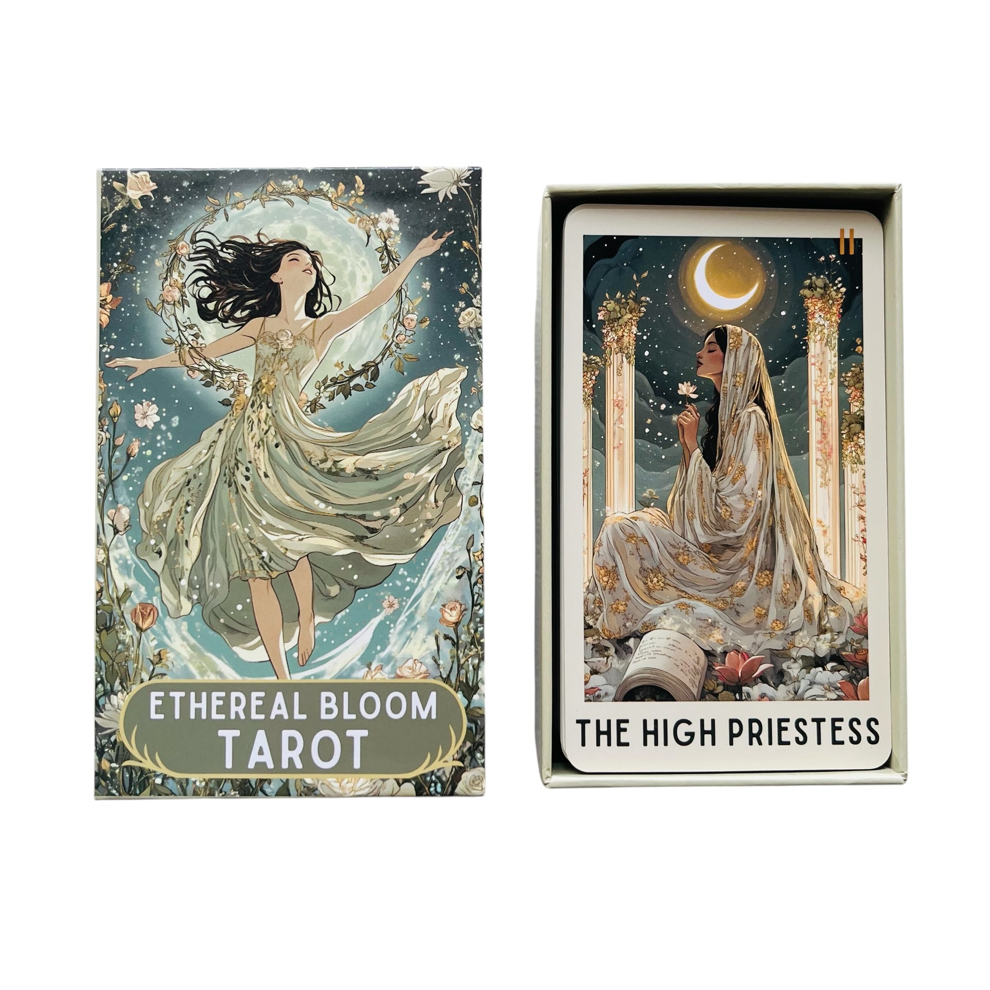 Ethereal Bloom Tarot card set with 'The High Priestess' card displayed.
