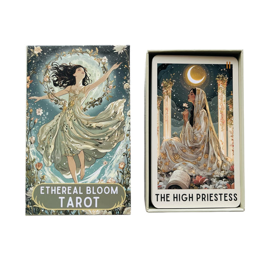 Ethereal Bloom Tarot card set with 'The High Priestess' card displayed.