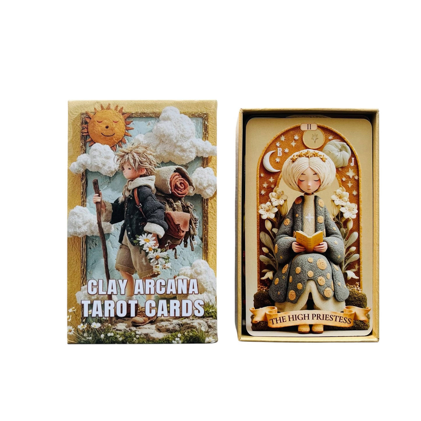 Two tarot card boxes with artistic illustrations of characters and text on a white background