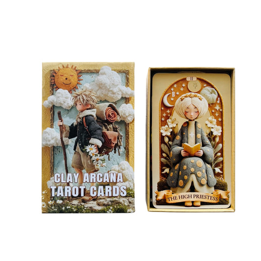 Two tarot card boxes with artistic illustrations of characters and text on a white background