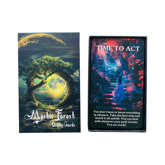 Two Oracle Card boxes, one titled 'Mystic Forest' and the other 'Time to Act', on a white background.