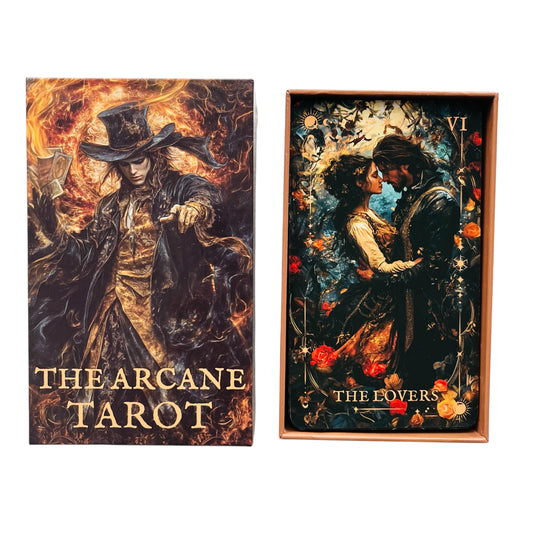 Two tarot card boxes, one titled 'The Arcane Tarot' and the other 'The Lovers', on a white background.