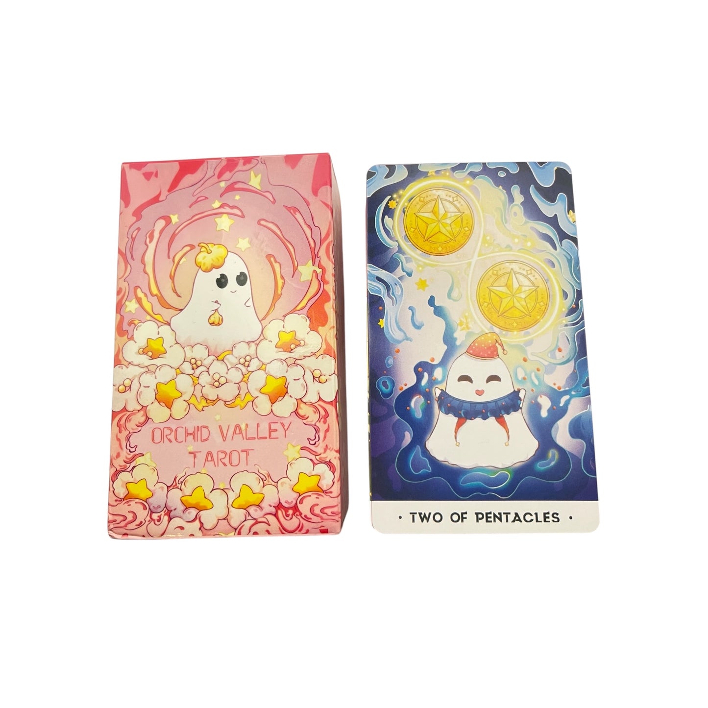 This image features the Orchid Valley Tarot Deck, a specialized card set for spiritual and divinatory purposes. The deck includes beautifully illustrated cards, such as the one depicted in the image, showcasing a vibrant and colorful design.